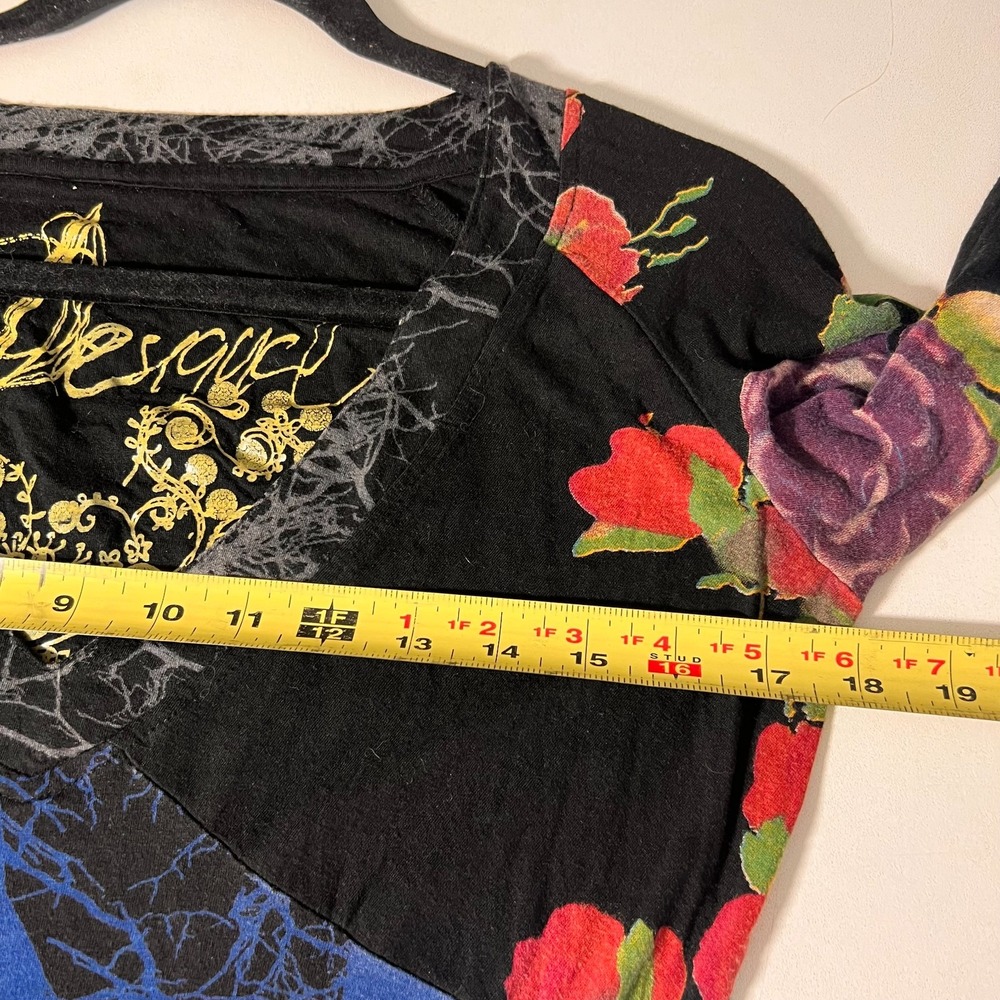 Desigual Geisha Floral Top Women L Black Harajuku Long Sleeve V-Neck Boho Y2K - Picture 5 of 6
